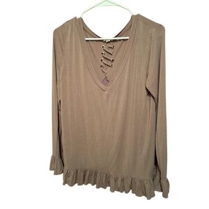 POL Back Lace Up Boho Blouse Beige Long Sleeves Ruffles Ladies Medium Hippie